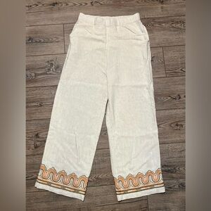 Beige embroidered linen blend Portuguese lounge pants medium